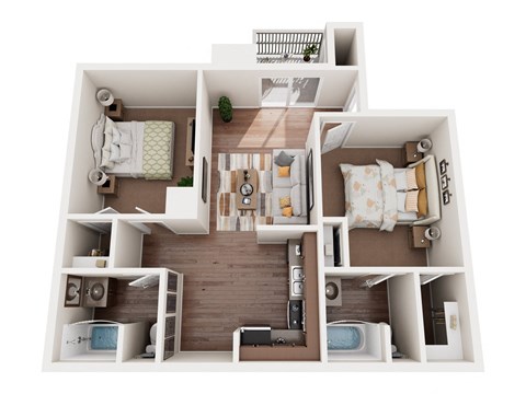 Floor plan for 2 beds, 2 baths, 886 sqft